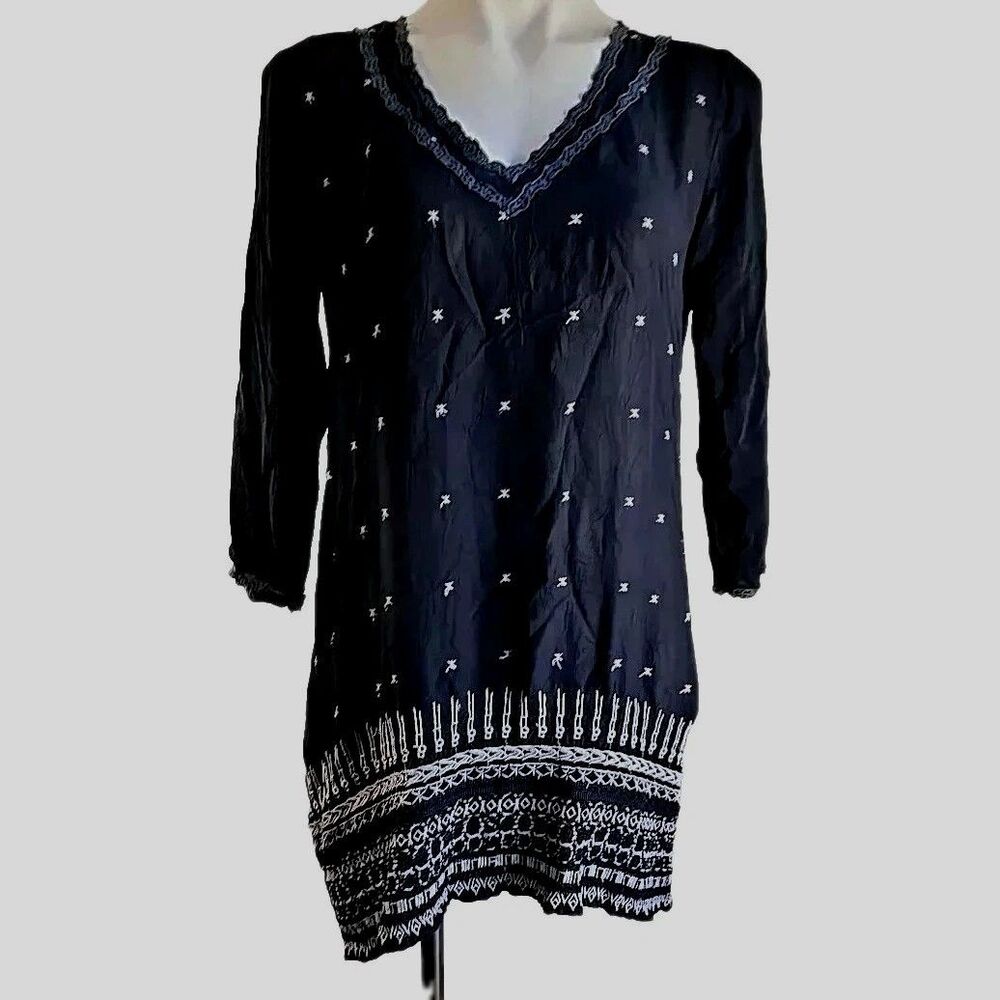 Johnny Was Black Embroidered Eyelet Tunic Top Womens Size S